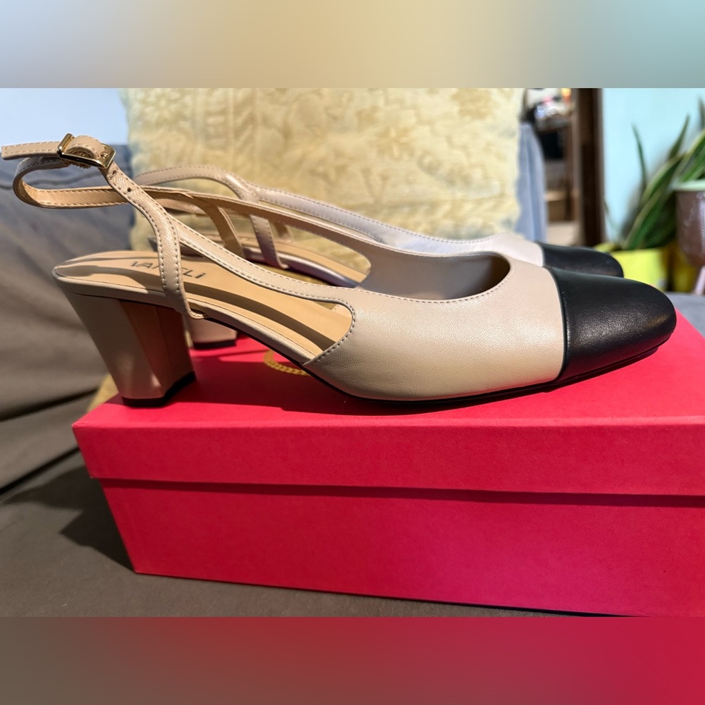 Beige and Black Two-Tone Slingback Heels Vaneli cap toe 12
